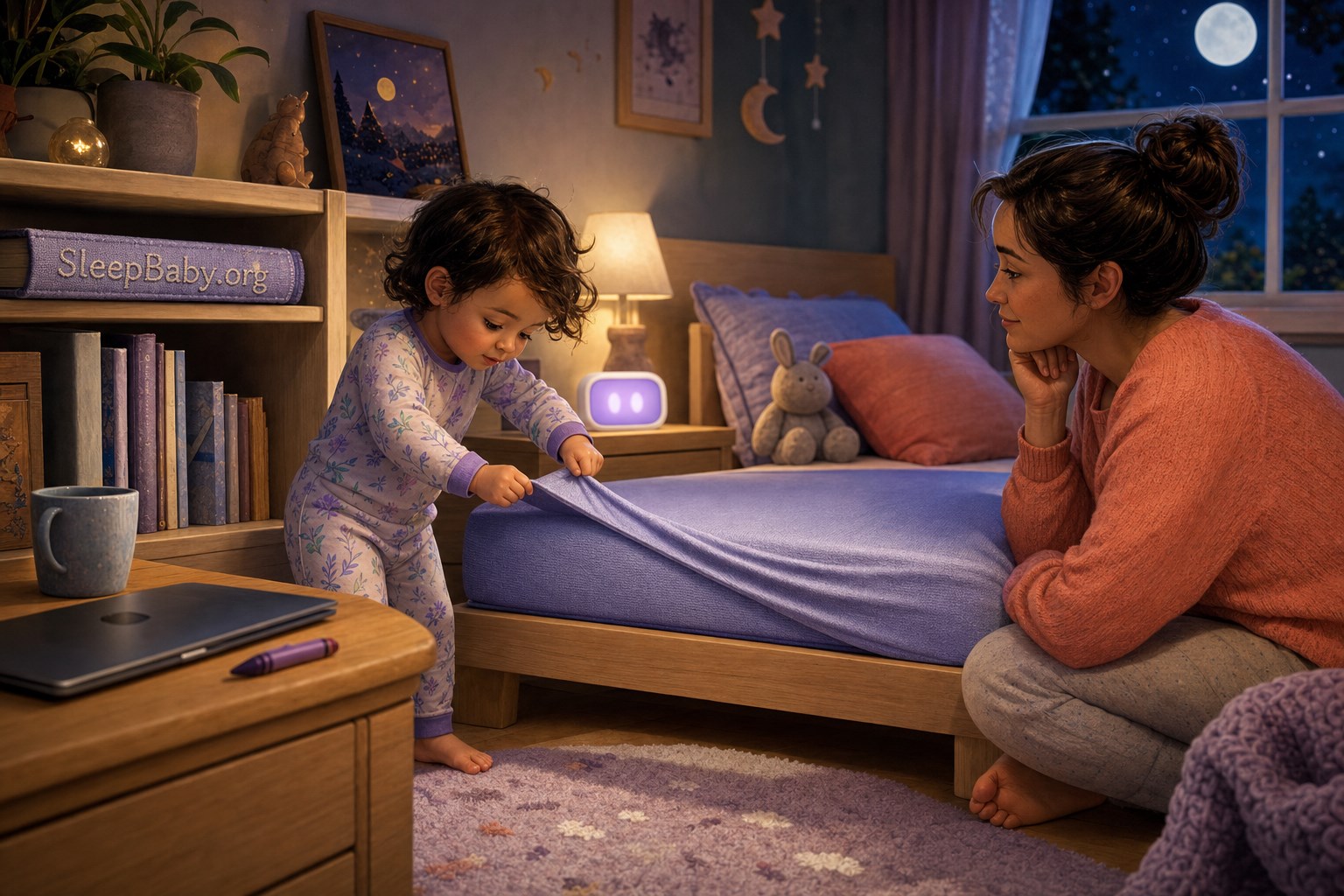 An awake toddler tugs a lavender compression sheet at a low bed while a parent watches the childâs response.