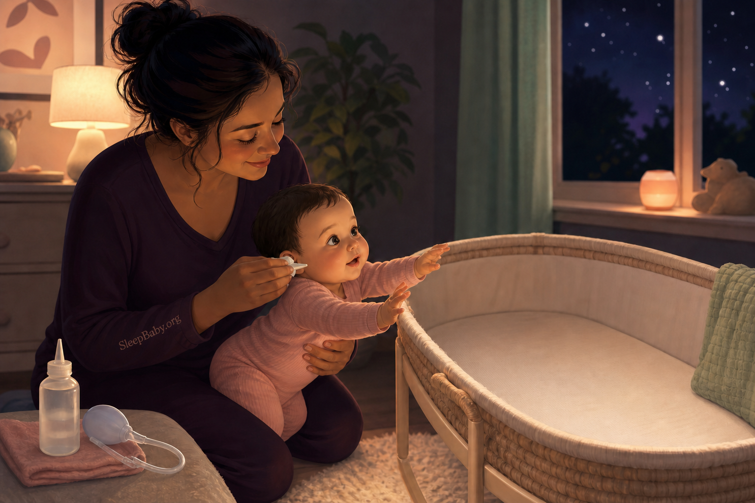 Parent uses nasal care with an awake baby beside a bare flat bassinet in warm night light