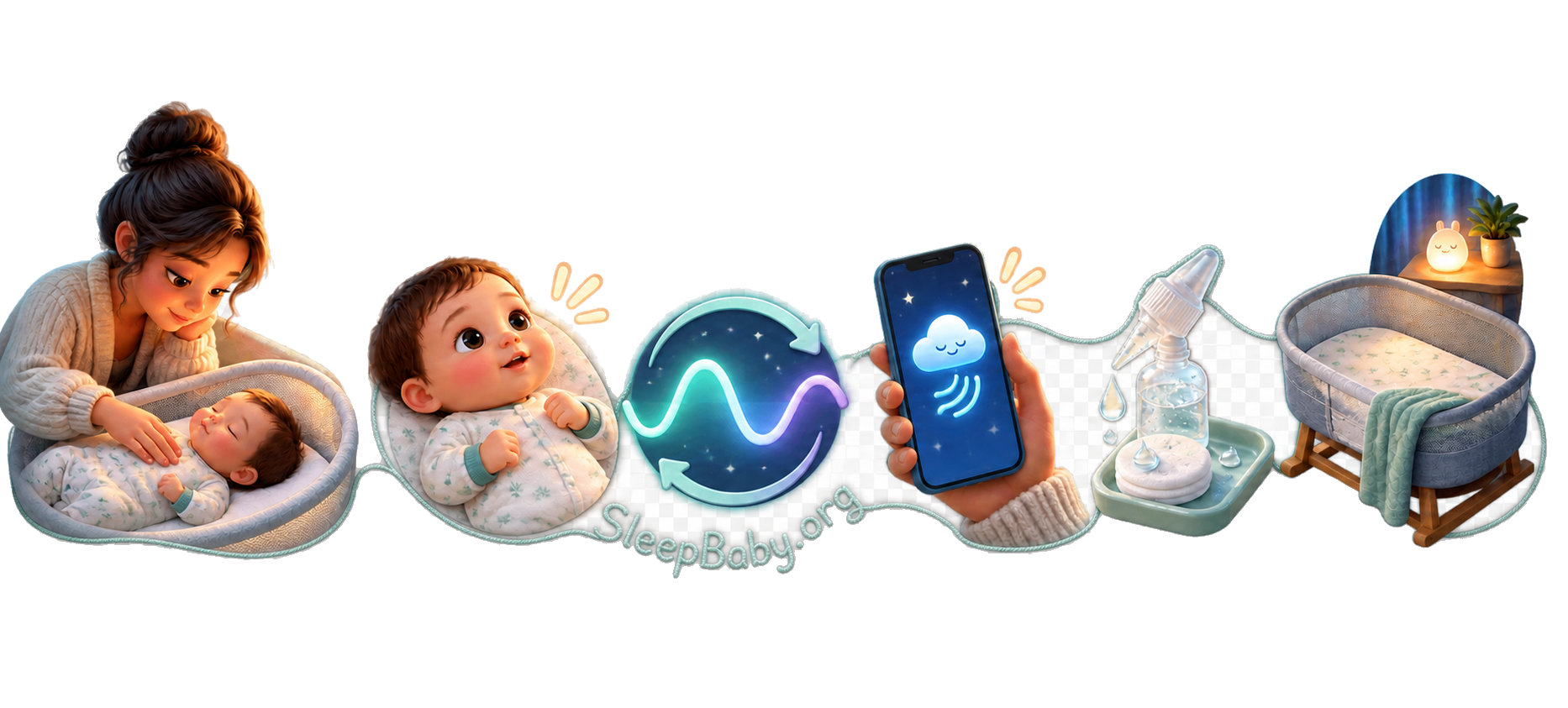 Transparent editorial ribbon showing an awake baby, parent observing the chest, blue emergency phone symbol, plain saline, and a clear flat crib