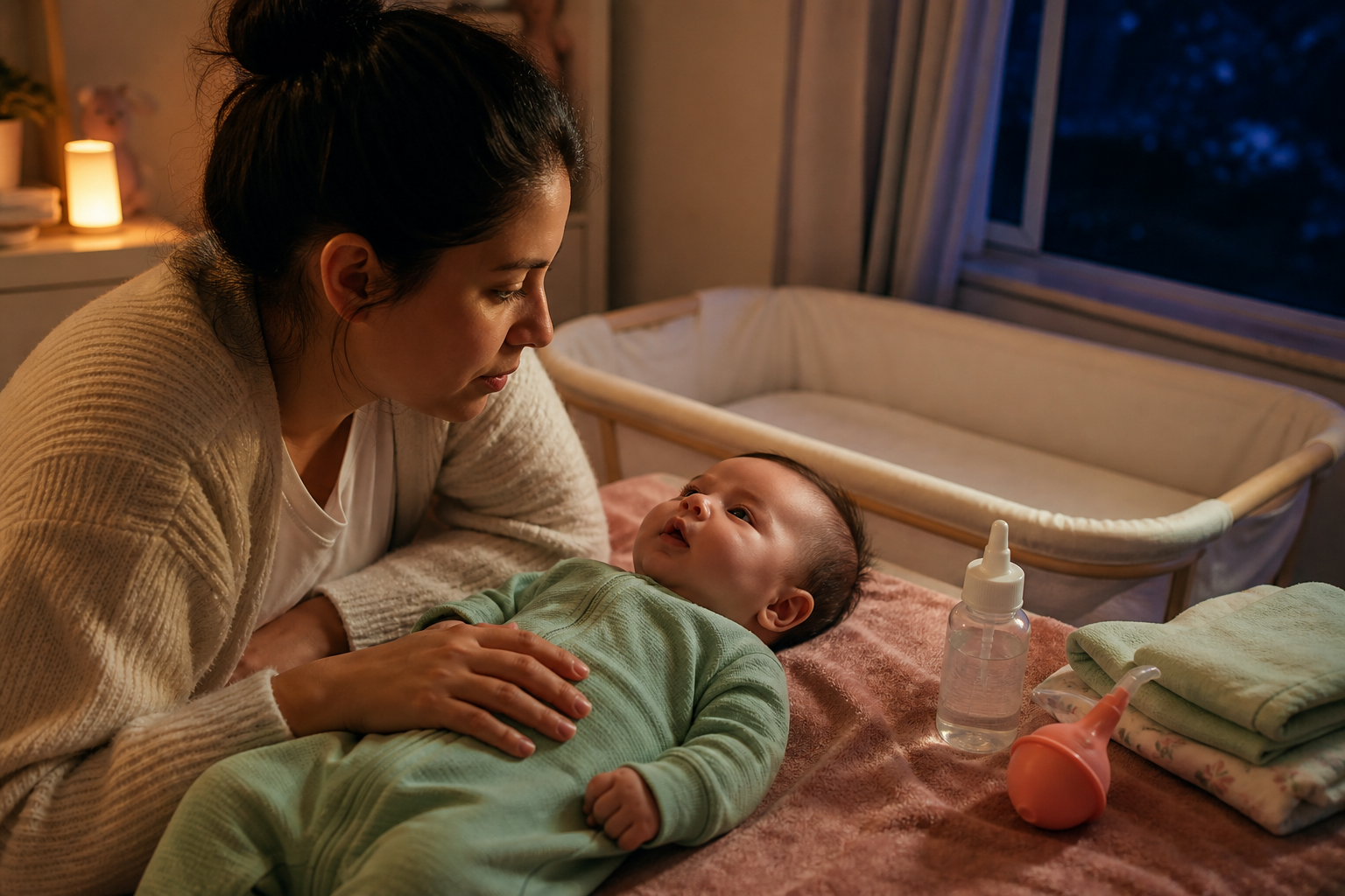 Parent watches an awake congested baby's breathing beside saline and a clear bassinet