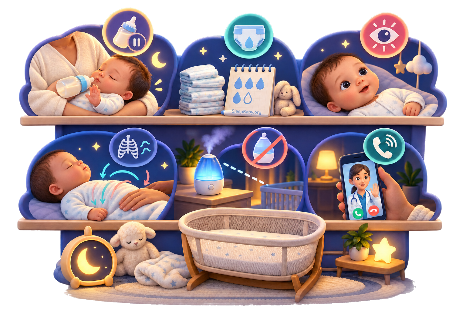 Transparent editorial ribbon showing a milk feed with breathing pauses, wet diaper count, alert eyes, a cool-mist humidifier, and a clinician call cue