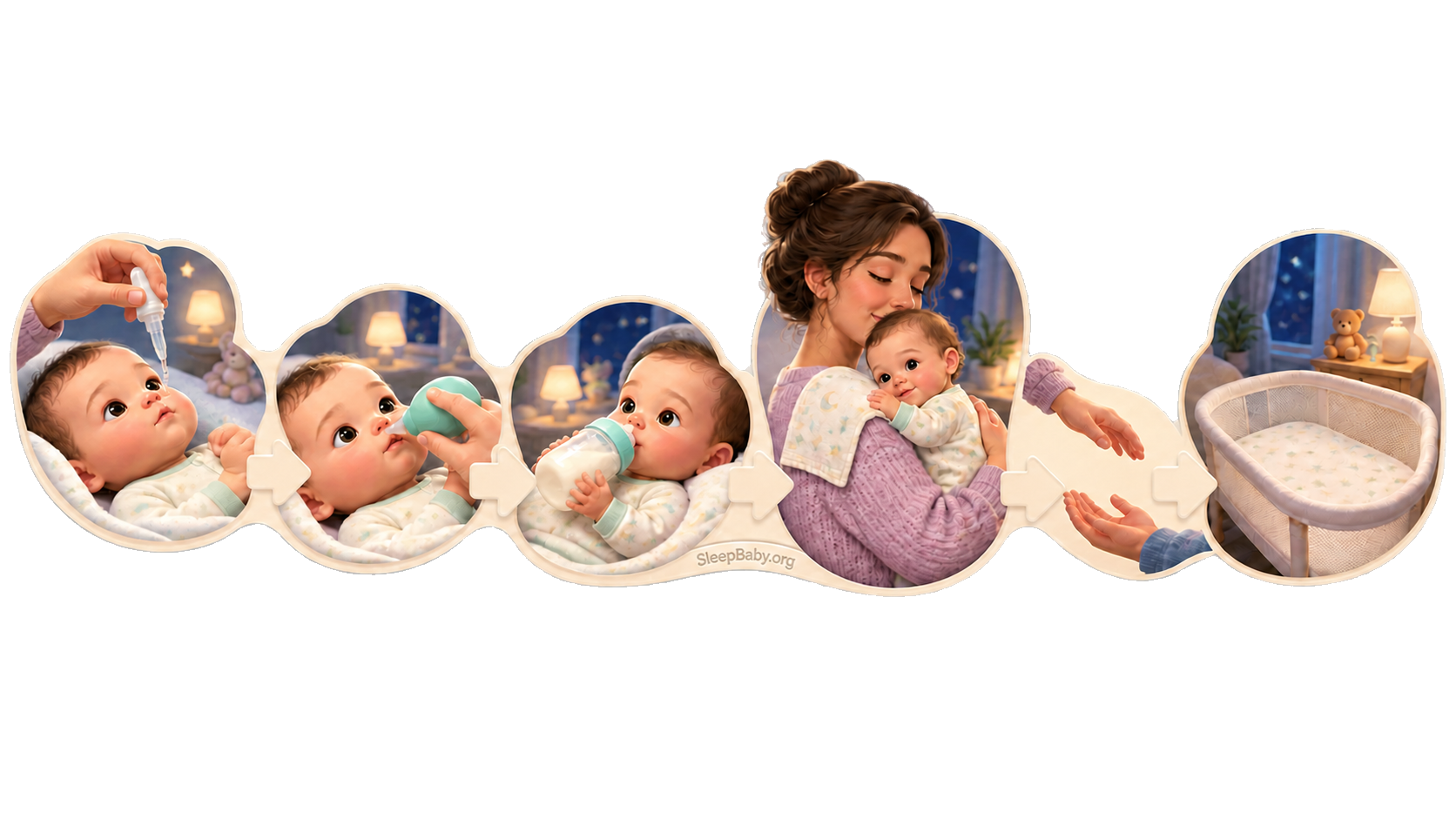 Transparent editorial ribbon showing plain saline drops, a gentle nasal aspirator, milk feed, awake upright cuddle, and an arrow toward a bare crib