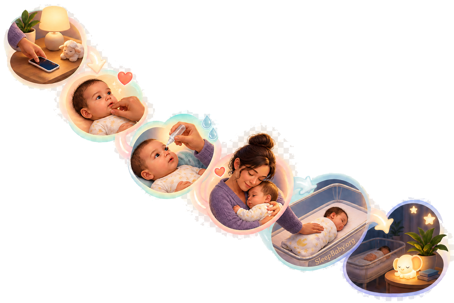 Transparent editorial ribbon showing the same parent setting down a phone, checking an alert baby's color, using saline while awake, and placing the baby in a flat empty bassinet