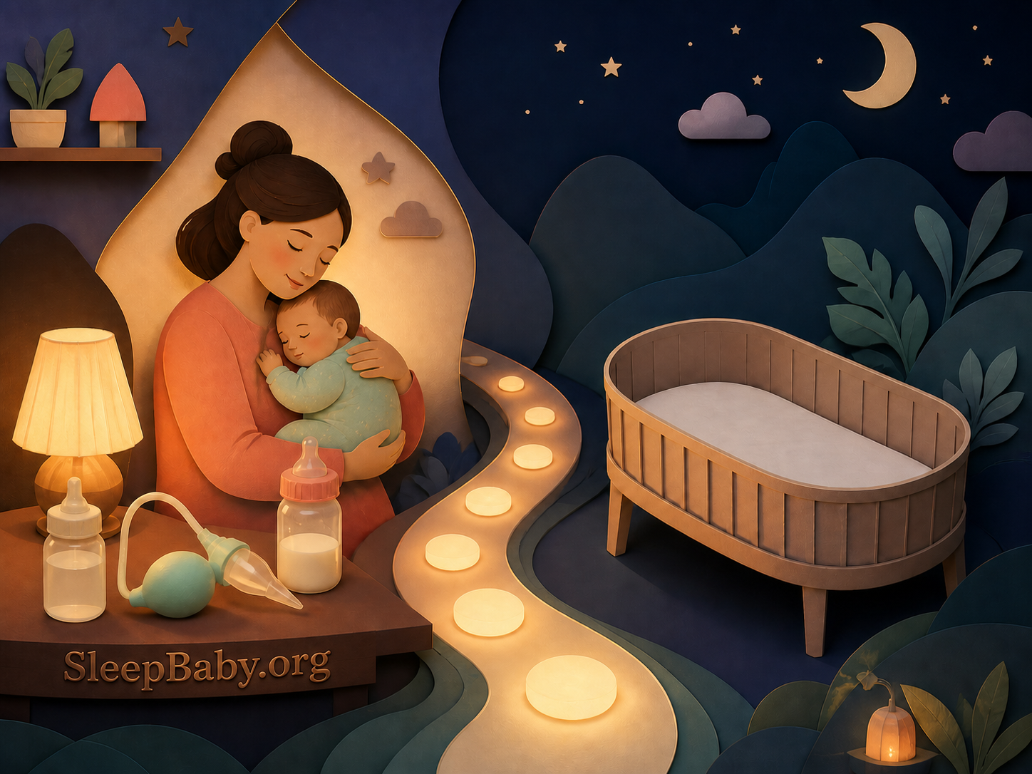 Cut-paper night scene links awake saline, suction, feeding and cuddling to an empty flat bassinet
