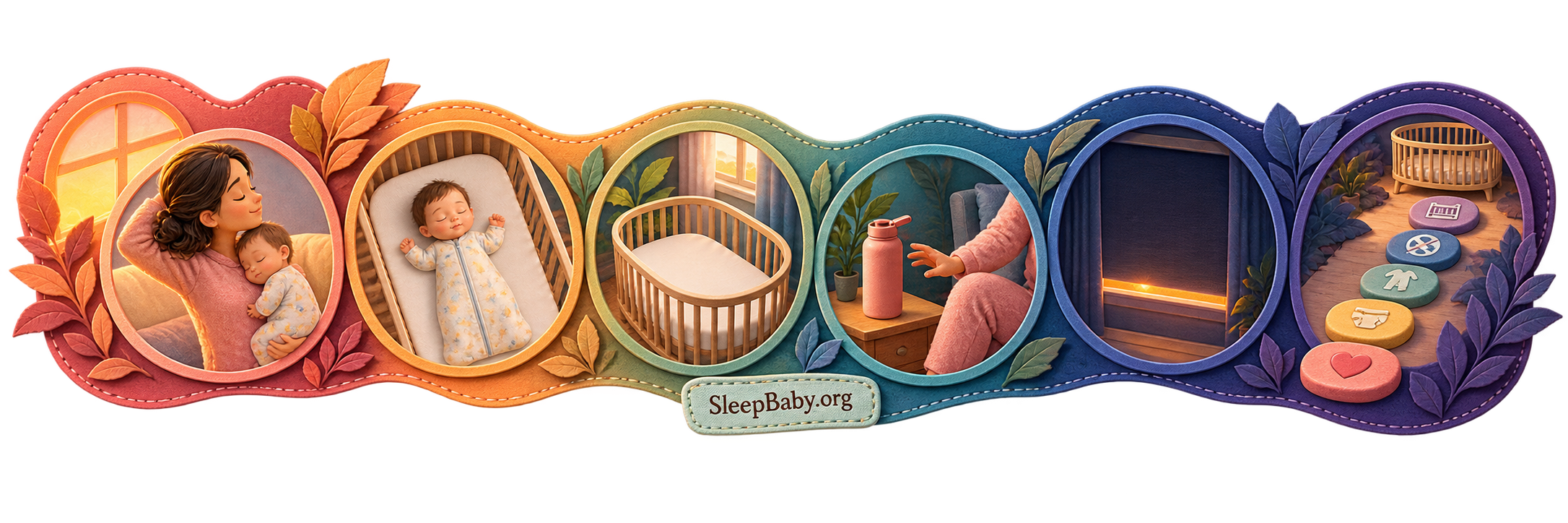 A coral-to-plum teaching rail moves from a supervised contact nap to back sleeping in an empty crib, an accessible water bottle, a dark daytime room, and small steps toward flexibility