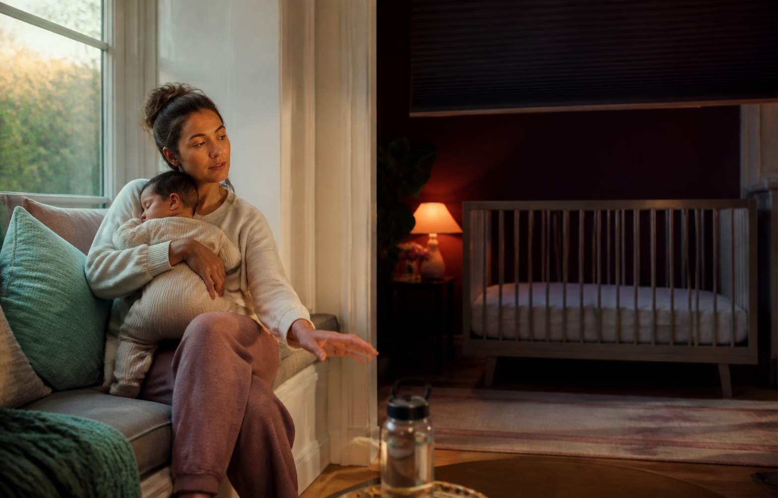 An awake caregiver safely holds a sleeping baby beside an empty firm crib in a dim daytime nursery