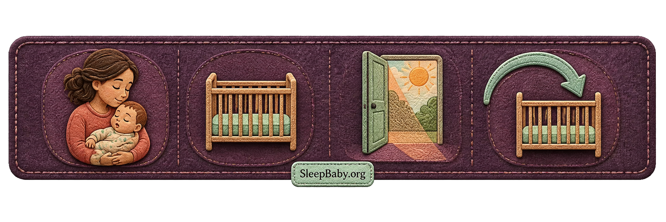 A plum editorial rail links a supervised contact nap with an empty crib and repeatable daytime sleep cues