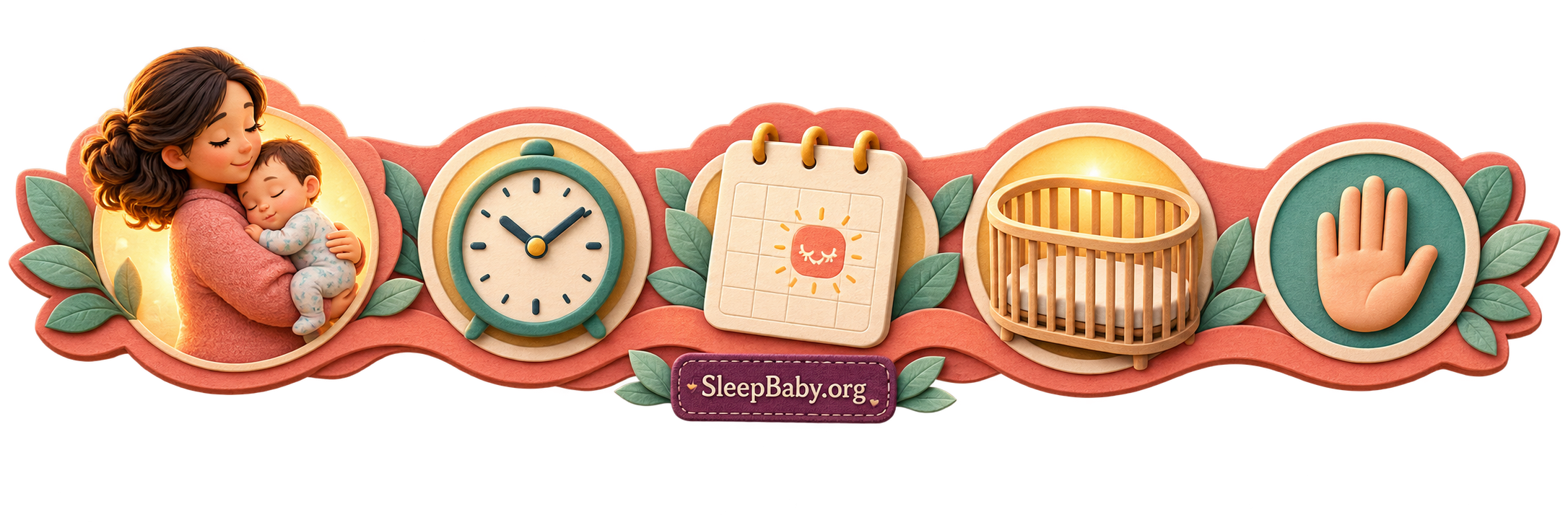 A coral teaching rail moves from a safely held nap through a clock and calendar to an empty crib and a pause cue