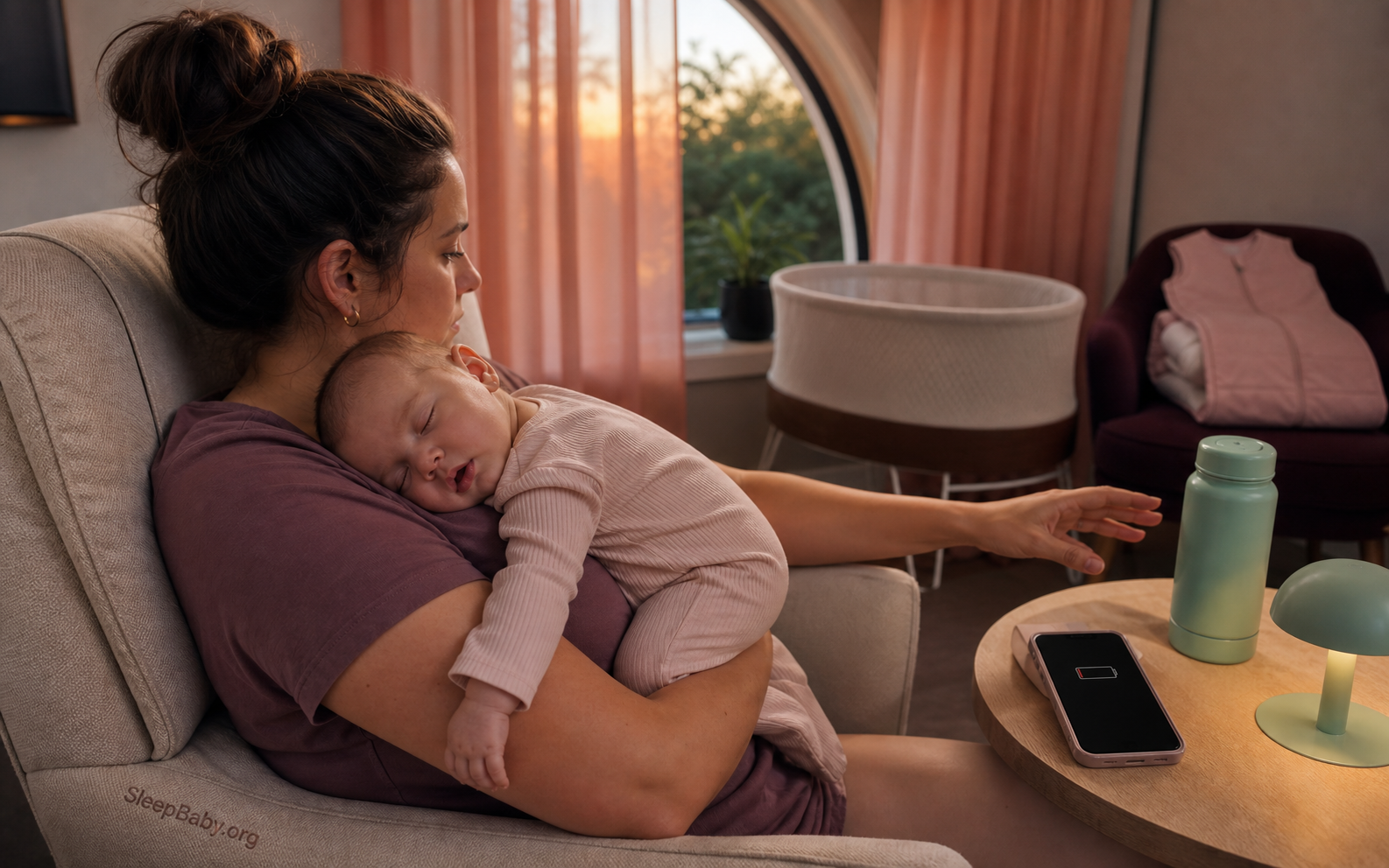 An awake caregiver safely holds a sleeping baby while reaching toward a water bottle, with an empty bassinet and folded sleep sack nearby