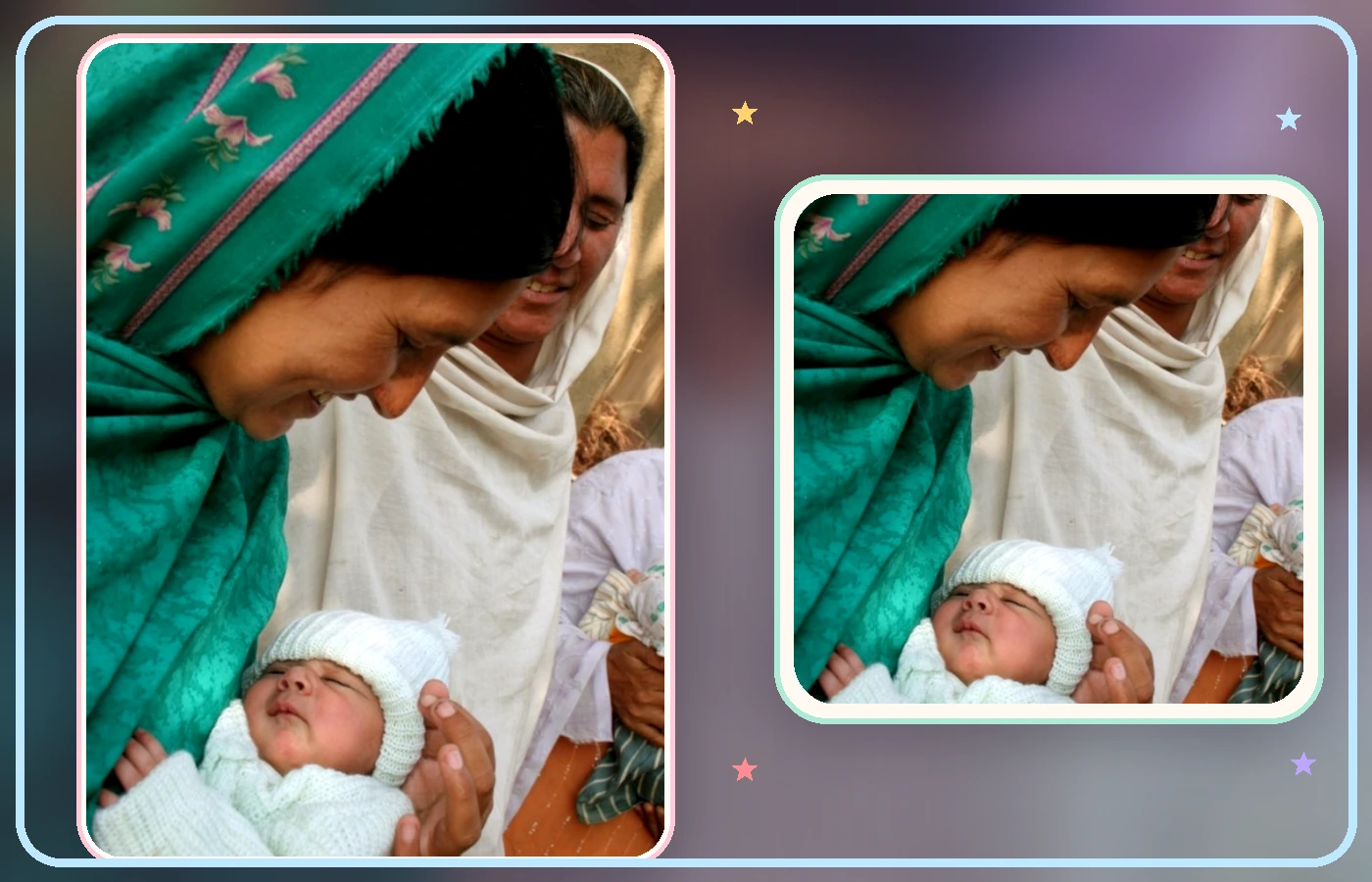 Awake mother in a green head covering smiles down at a sleeping newborn in white knit clothing, shown in one tall photo and one close detail crop