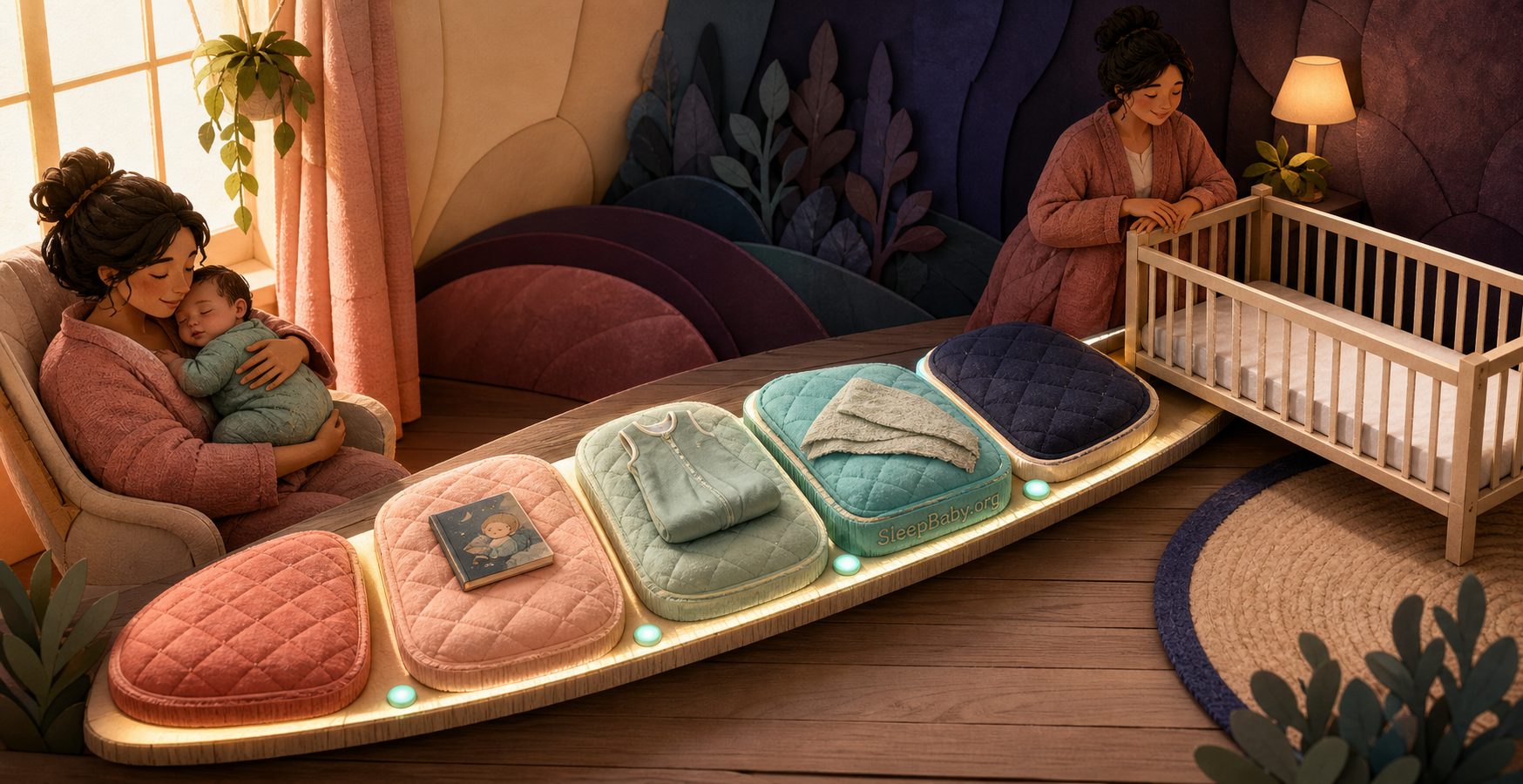 A dimensional five-step bridge carries a contact-nap routine from an awake caregiver holding a sleeping baby toward a safe empty crib