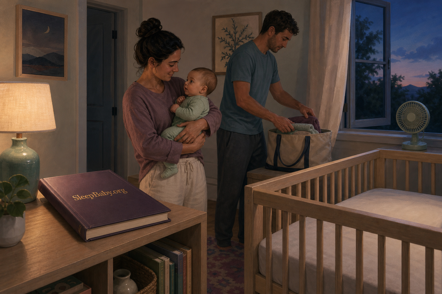 Evening illustration shows a dry caregiver holding an awake baby beside an empty safe crib while another adult closes a tote of damp towels away from the sleep area.