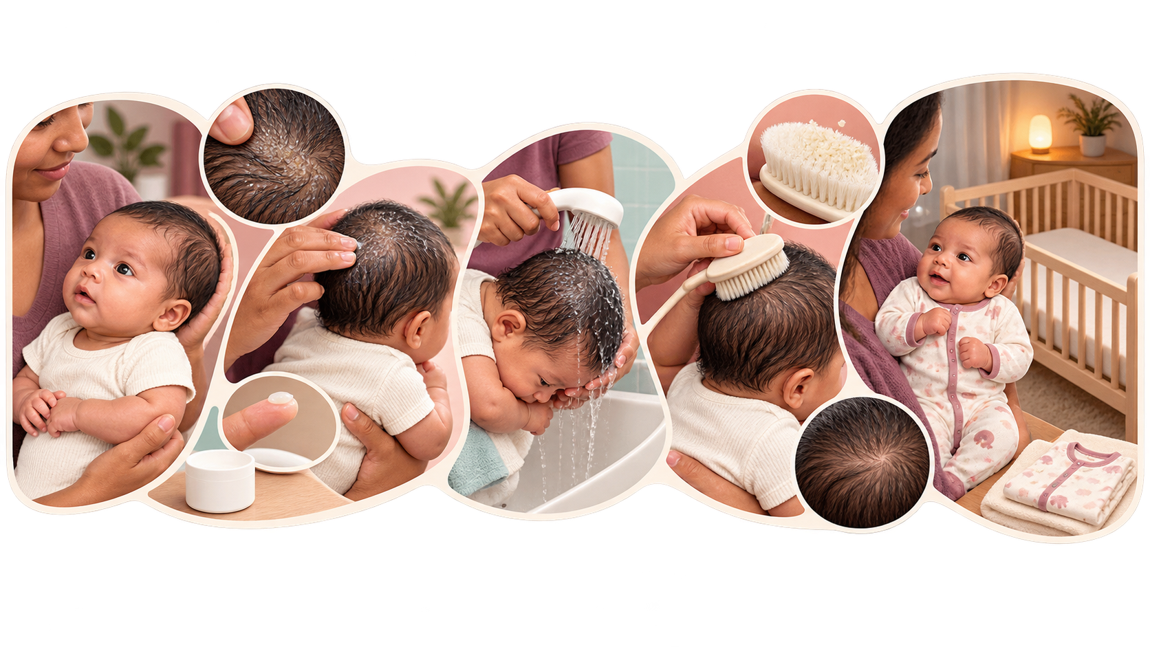 Editorial cradle-cap rail moves from scalp check through softening, rinsing and gentle brushing to pajamas beside a bare crib
