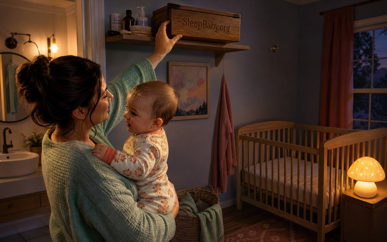 Some cradle cap remains as a caregiver stores the care caddy and holds a dry awake baby near bedtime