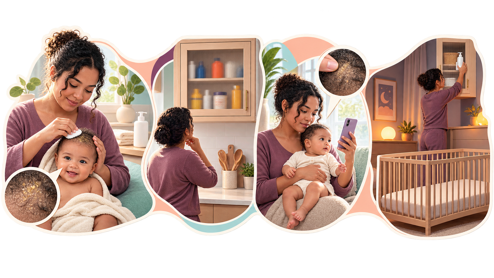 Editorial cradle-cap rail shows gentle care, a clinician call and products stored high before bedtime