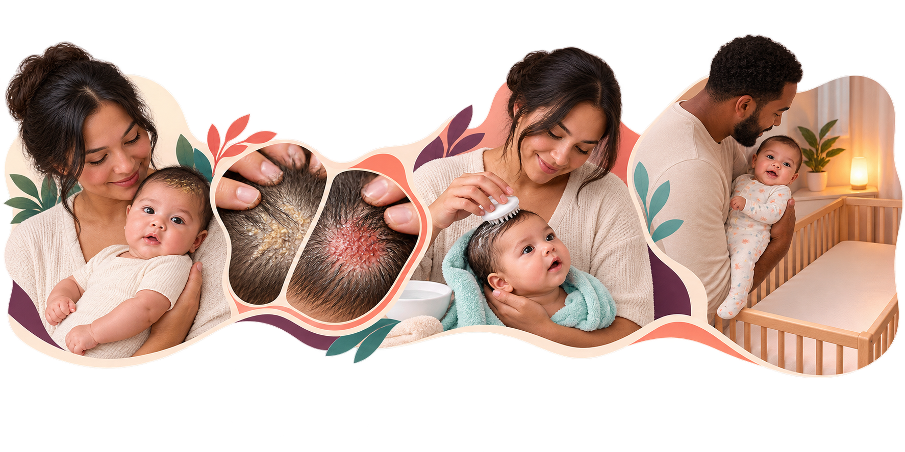 Editorial cradle-cap rail compares intact comfortable scalp with sore red-flag skin before a calm bedtime handoff