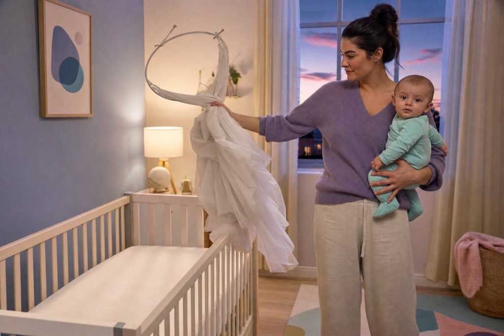 A caregiver holds an awake infant securely while carrying a sheer crib canopy and hoop away from a bare white crib at dusk.