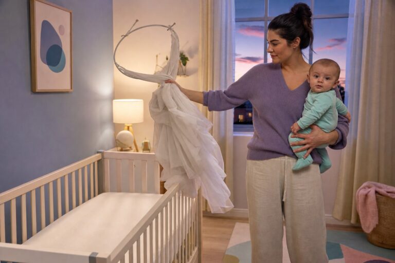 A caregiver holds an awake infant securely while carrying a sheer crib canopy and hoop away from a bare white crib at dusk.