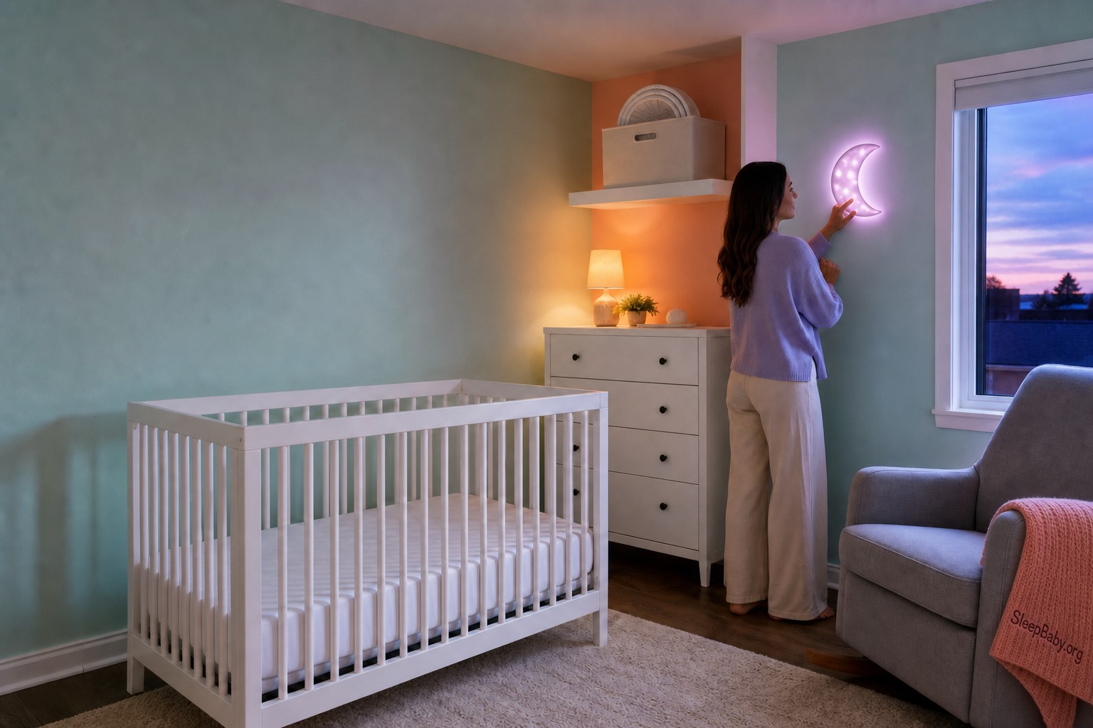 A caregiver adjusts a distant crescent wall light in a mint nursery while an empty crib remains clear with only a fitted sheet.