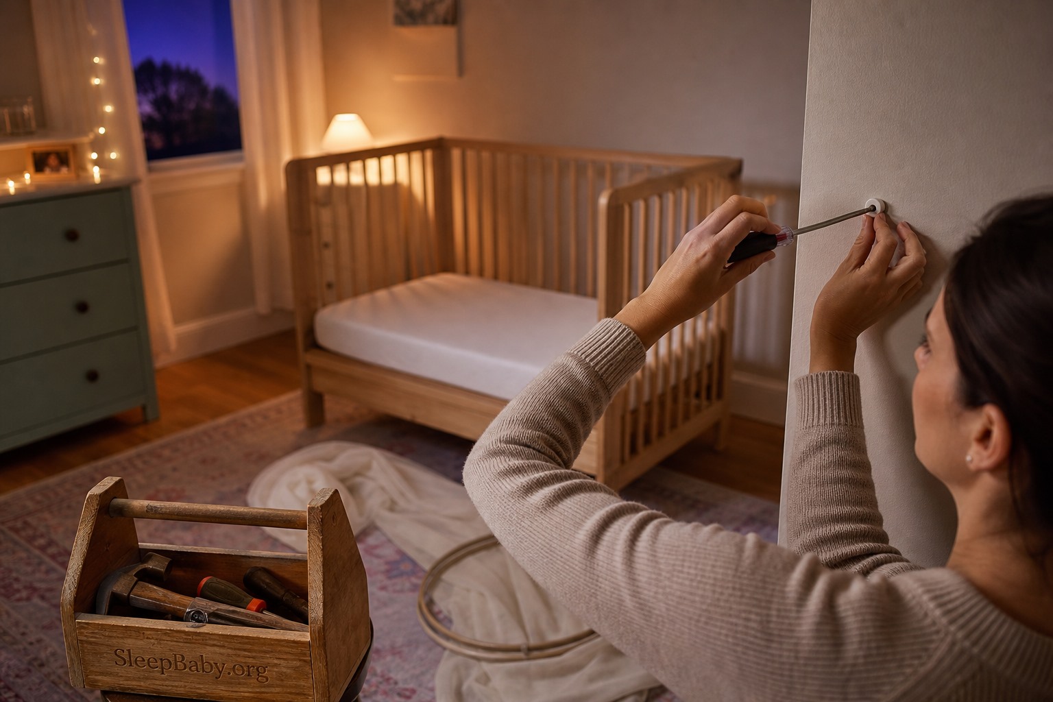 A caregiver removes a canopy wall anchor with a screwdriver while the empty crib stays clear and the gathered fabric lies outside the sleep area.