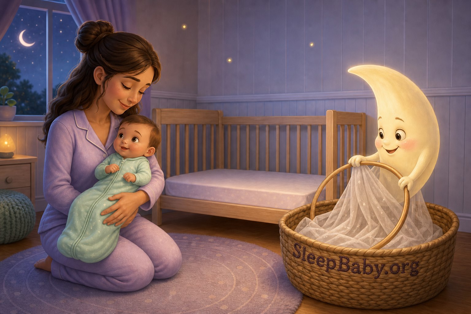 A storybook mother holds an awake baby in a mint sleep sack while a smiling crescent gathers the removed canopy into a woven basket beside a clear empty crib.