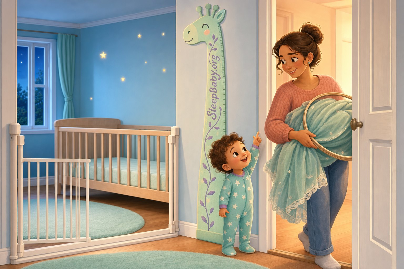 A supervised toddler in star pajamas points up a giraffe wall ruler while a caregiver carries a removed canopy out of a nursery with a clear empty crib.