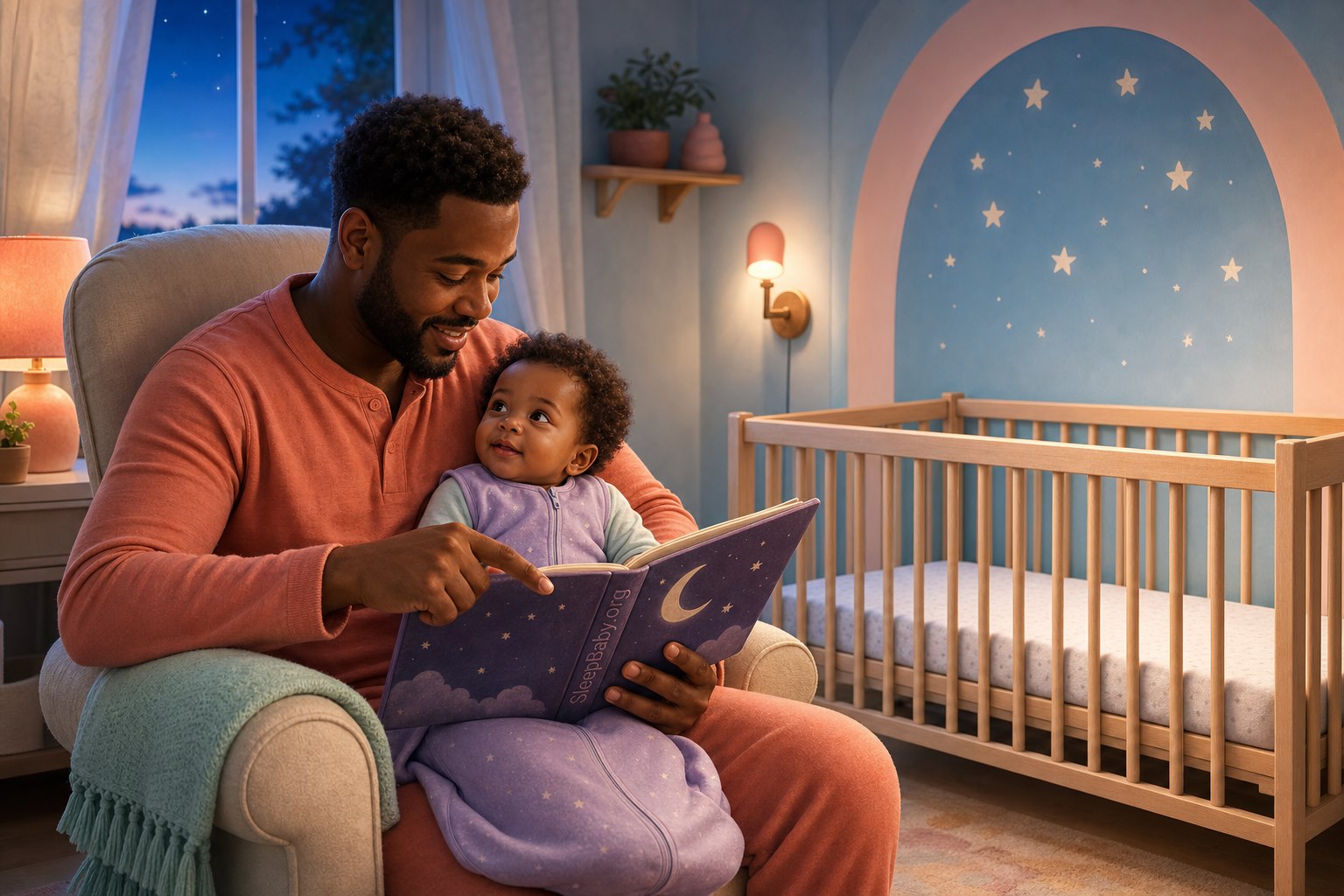 A father reads a moon-and-stars bedtime book to an awake baby in a lavender sleep sack beside a clear crib and painted star arch.
