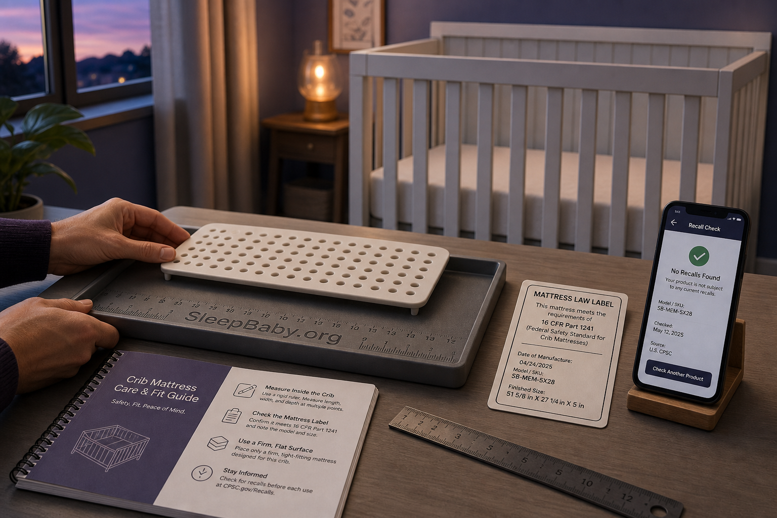 Caregiver hands compare a crib mattress label, ruler, guide, and recall screen