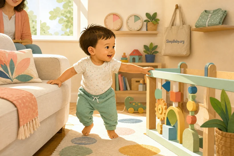 An alert one-year-old practices cruising under paired nap clocks before a difficult second nap