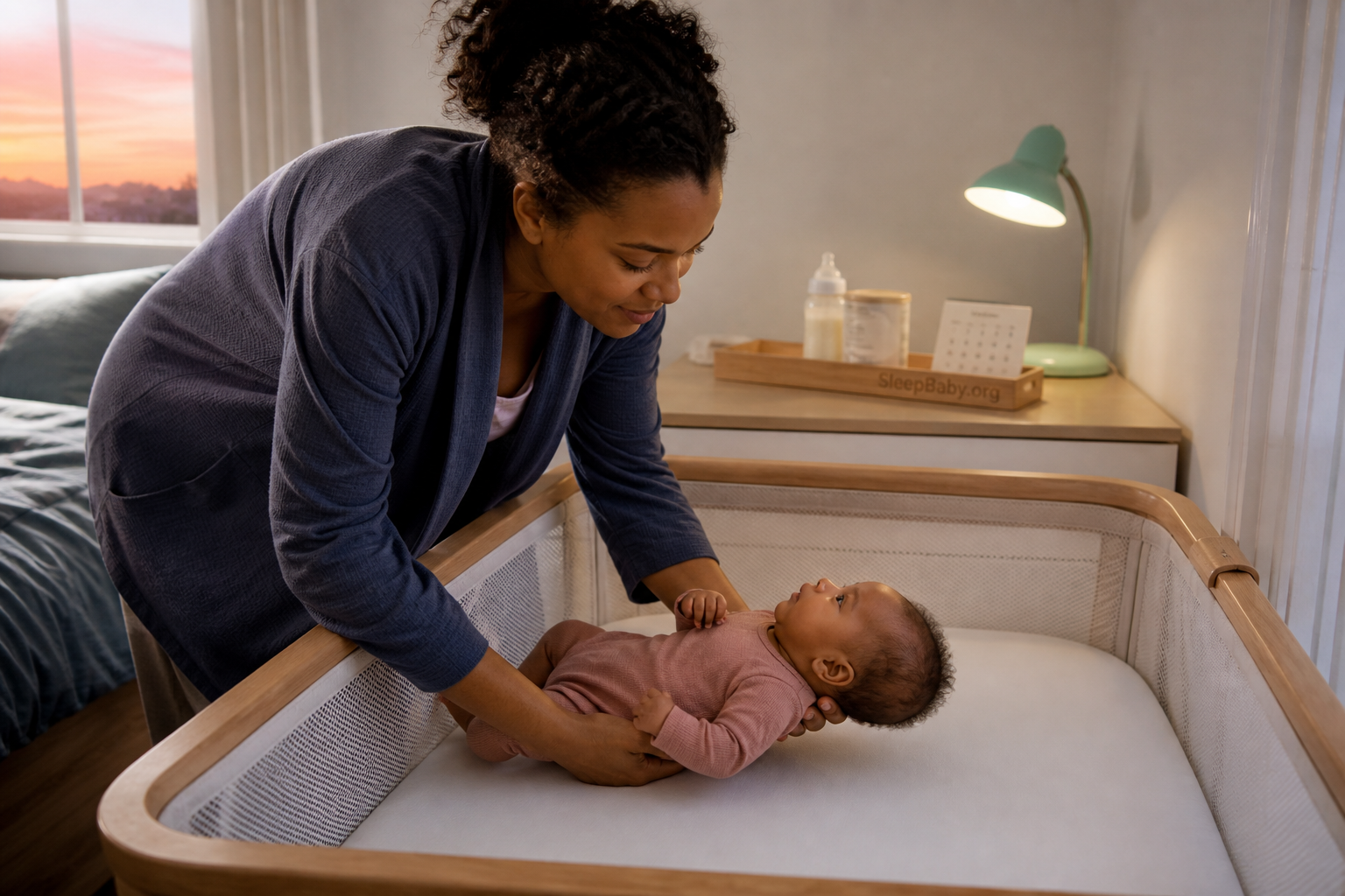 Awake caregiver places a baby on their back in a clear flat bassinet after keeping the prepared feeding plan outside the sleep space