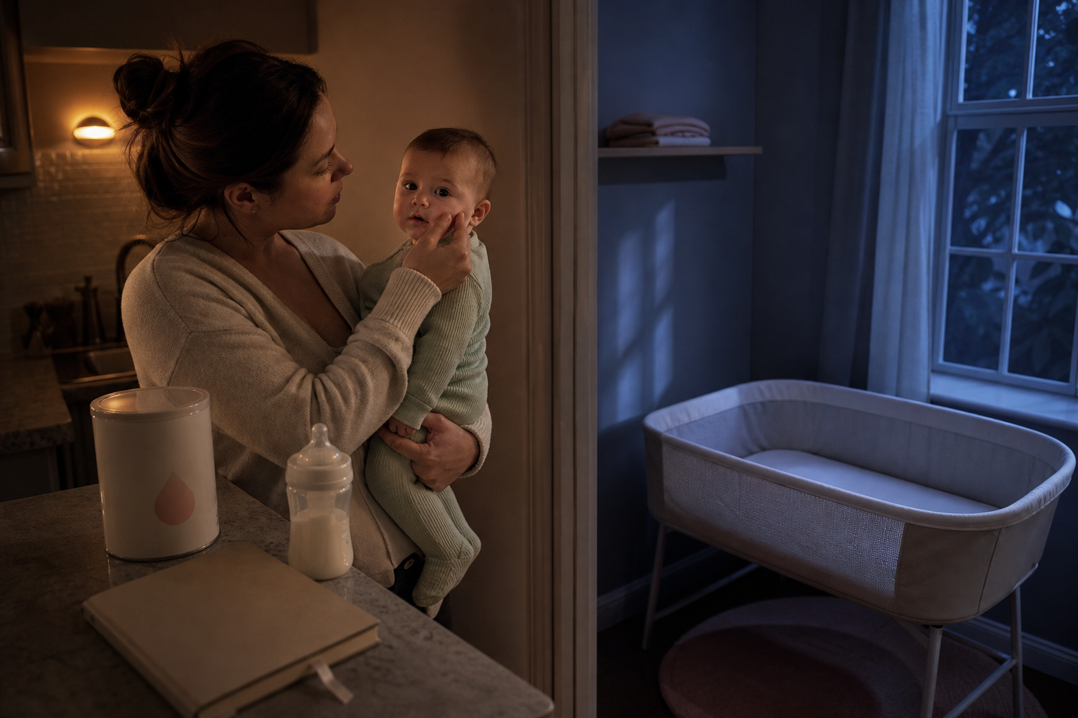Awake caregiver checks her baby's cheek beside a closed feeding note while an empty bassinet waits in a dim room