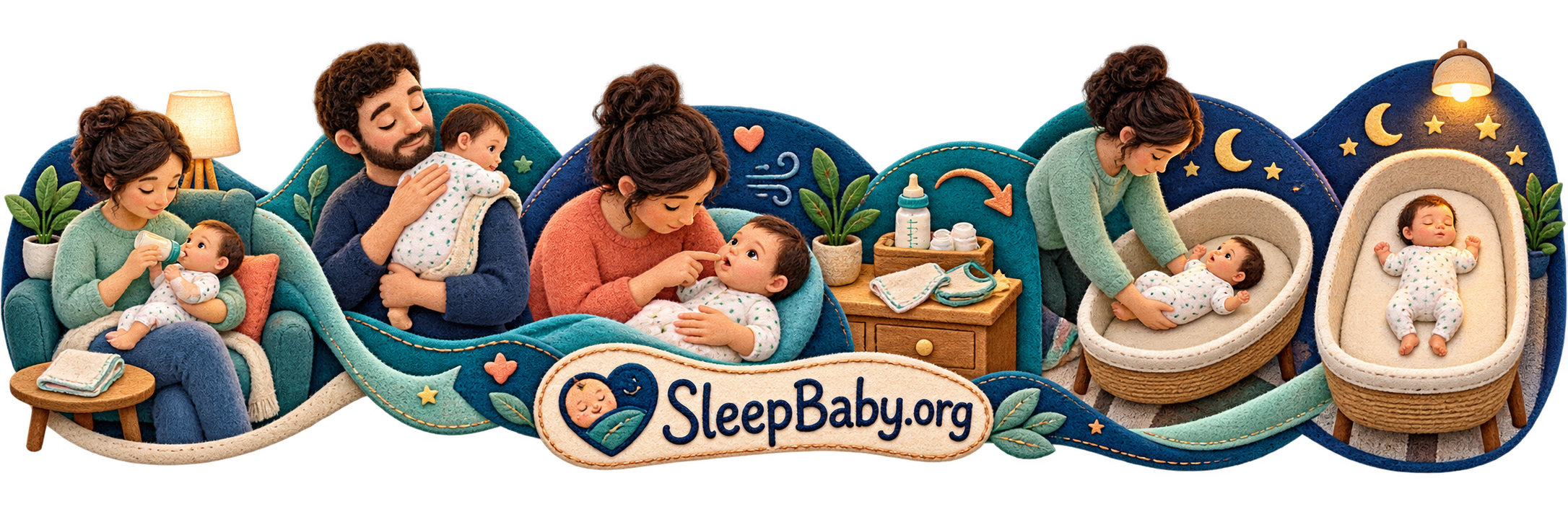 SleepBaby.org rail moves from awake feeding and burping through condition checks and cleared feeding items to back sleeping in a bare bassinet