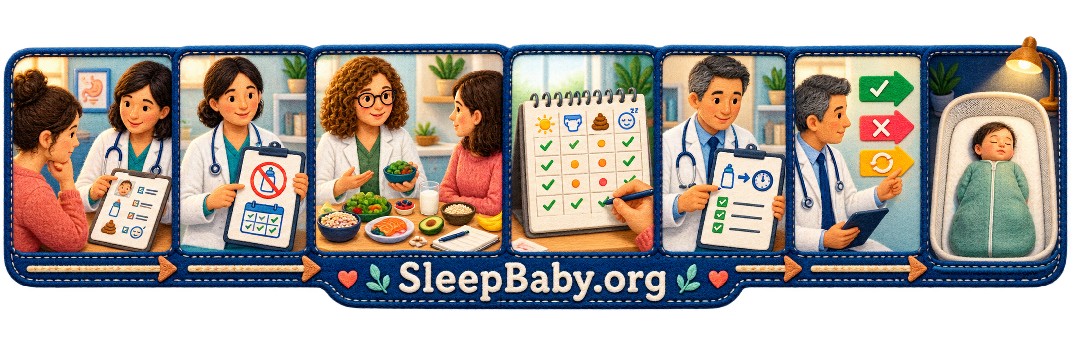 SleepBaby.org strip shows clinician history, guided milk elimination, nutrition support, observation, reintroduction planning, interpretation, and safe sleep