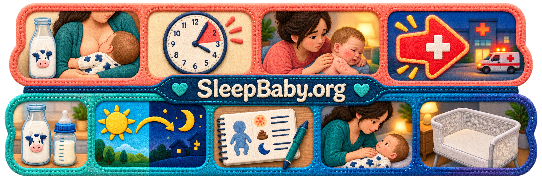 Two SleepBaby.org timeline strips pair milk exposure with rapid skin symptoms, urgent help, later pattern notes, and a clear bassinet