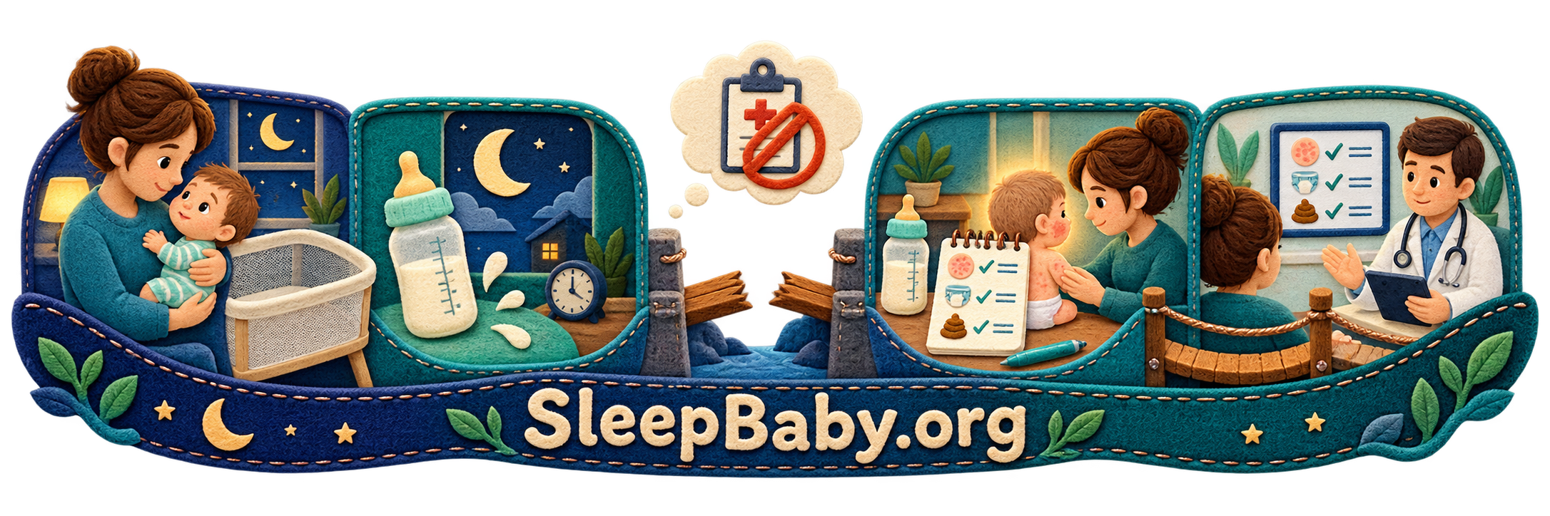 SleepBaby.org teaching rail moves from one difficult night and a milk clue across a broken bridge to observation and clinician review