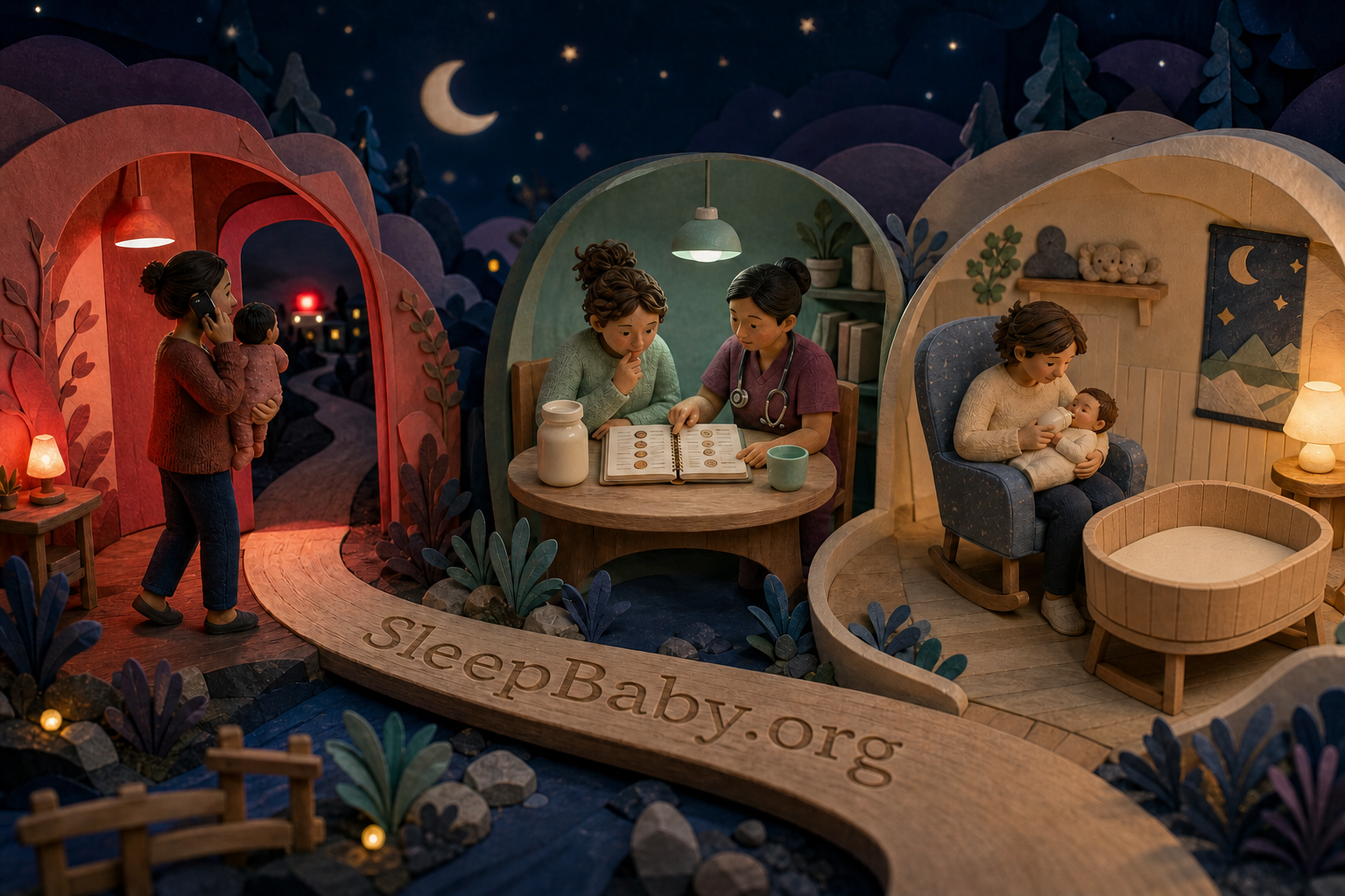 Three nighttime paths show urgent help, clinician review of a milk-linked pattern, and ordinary feeding and safe-sleep checks