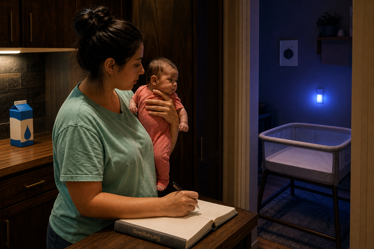 Awake caregiver holds a responsive baby, records a neutral pattern note, and looks toward an empty bassinet after a milk clue