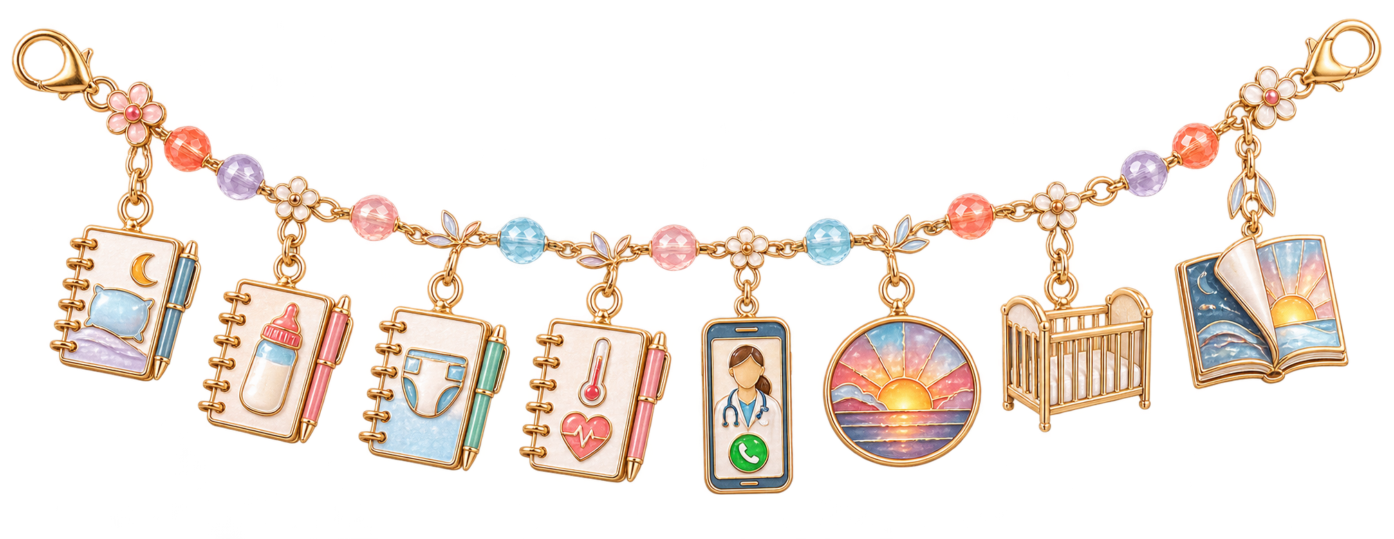 Relief ribbon with four useful log lines, clinician contact, modest sunset, bare crib, and a new dawn page.