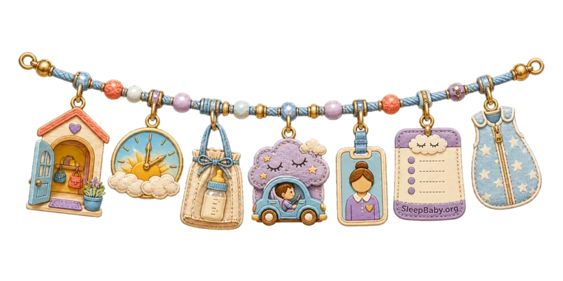 A daycare arrival charm strand moves from morning doorway and travel clues to a nap card and sleep sack.