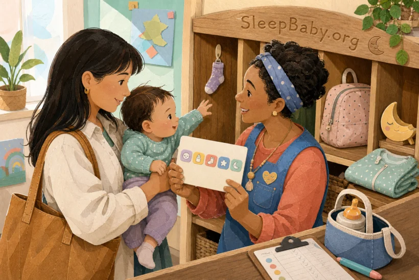 At the daycare cubby, caregiver and parent trade five nap clues while the awake baby reaches toward a tiny sock.