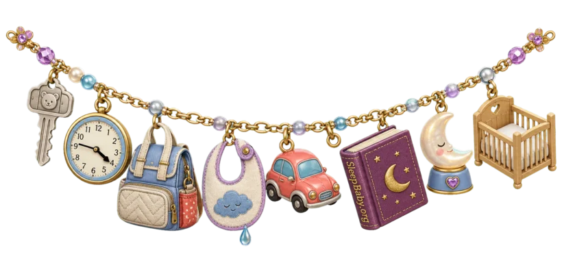 A daycare pickup strand settles from the cubby key and late clock through the diaper bag, car, bedtime book, moonlight, and crib.