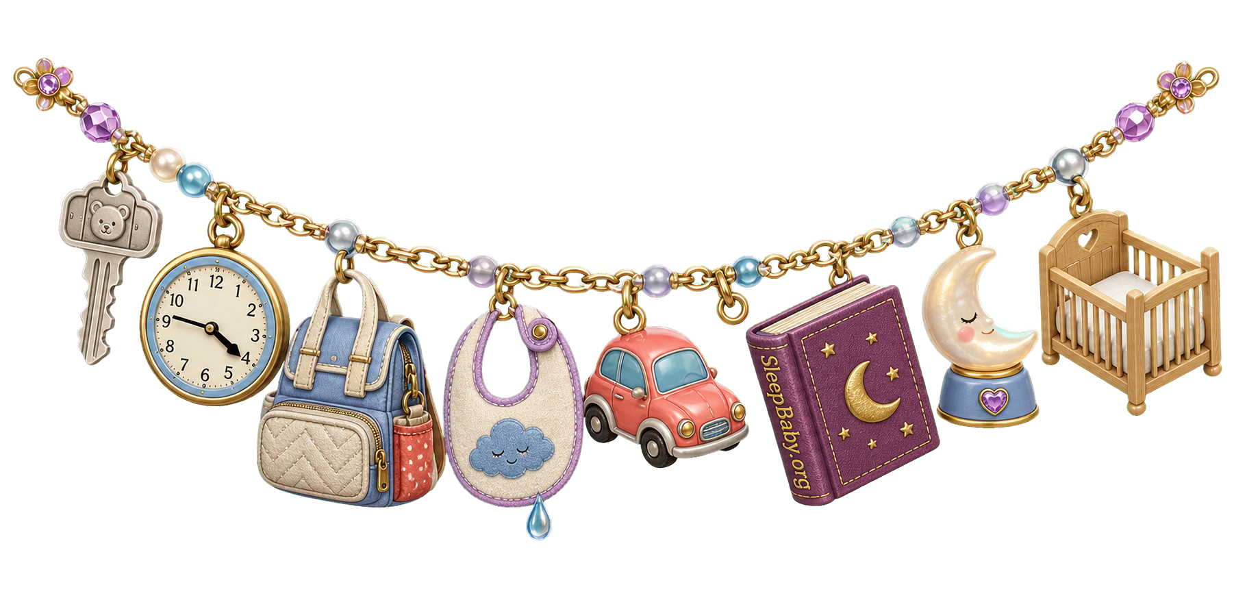 A daycare pickup strand settles from the cubby key and late clock through the diaper bag, car, bedtime book, moonlight, and crib.