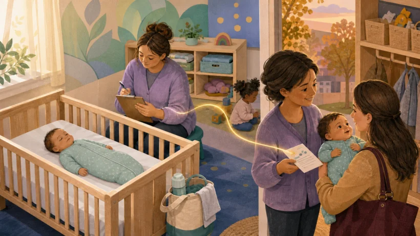 Daycare caregiver records a safe crib nap before handing an awake baby to a parent at pickup.