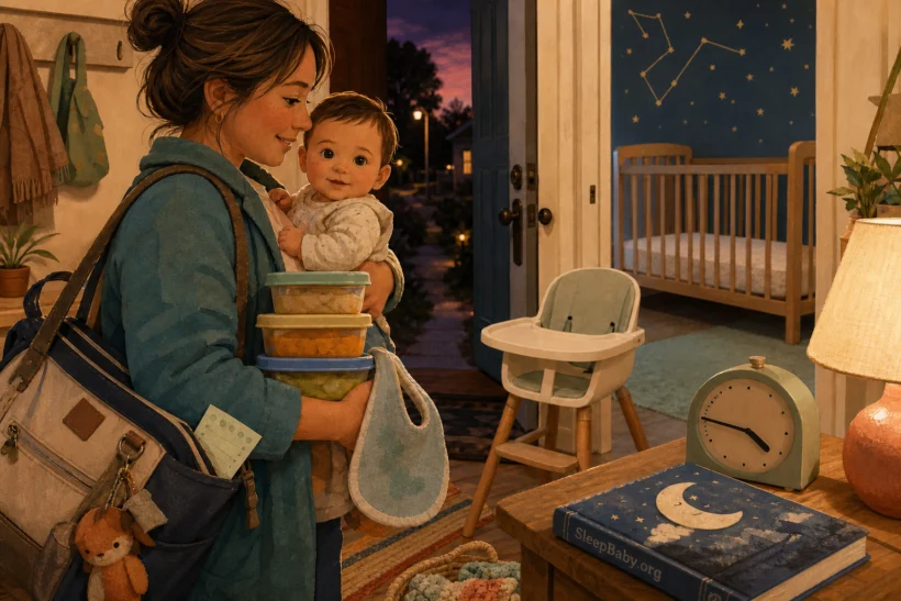 Daycare pickup becomes a warm home landing with the awake baby, a tucked nap card, and bedtime ready beyond the door.