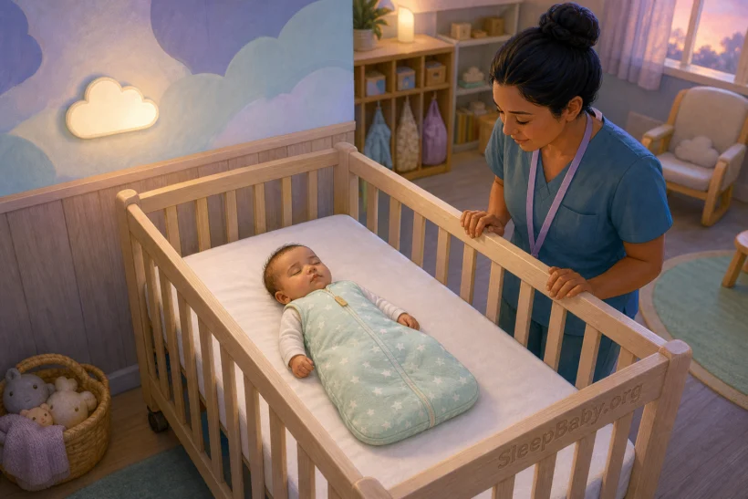 A daycare caregiver watches an infant rest safely on the back in a clear, empty crib.