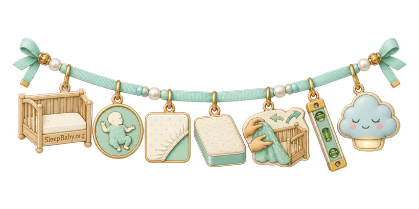 A mint safety strand keeps the empty crib, back-sleep position, firm surface, fitted sheet, and level setup in view.
