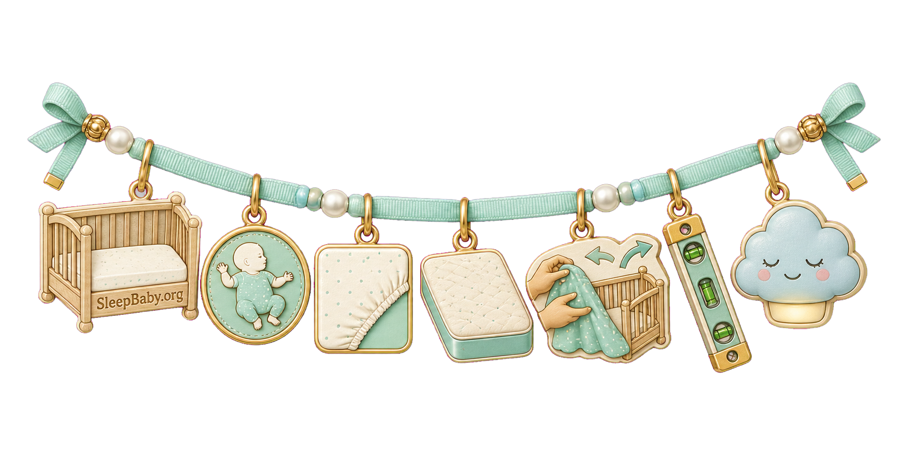 A mint safety strand keeps the empty crib, back-sleep position, firm surface, fitted sheet, and level setup in view.