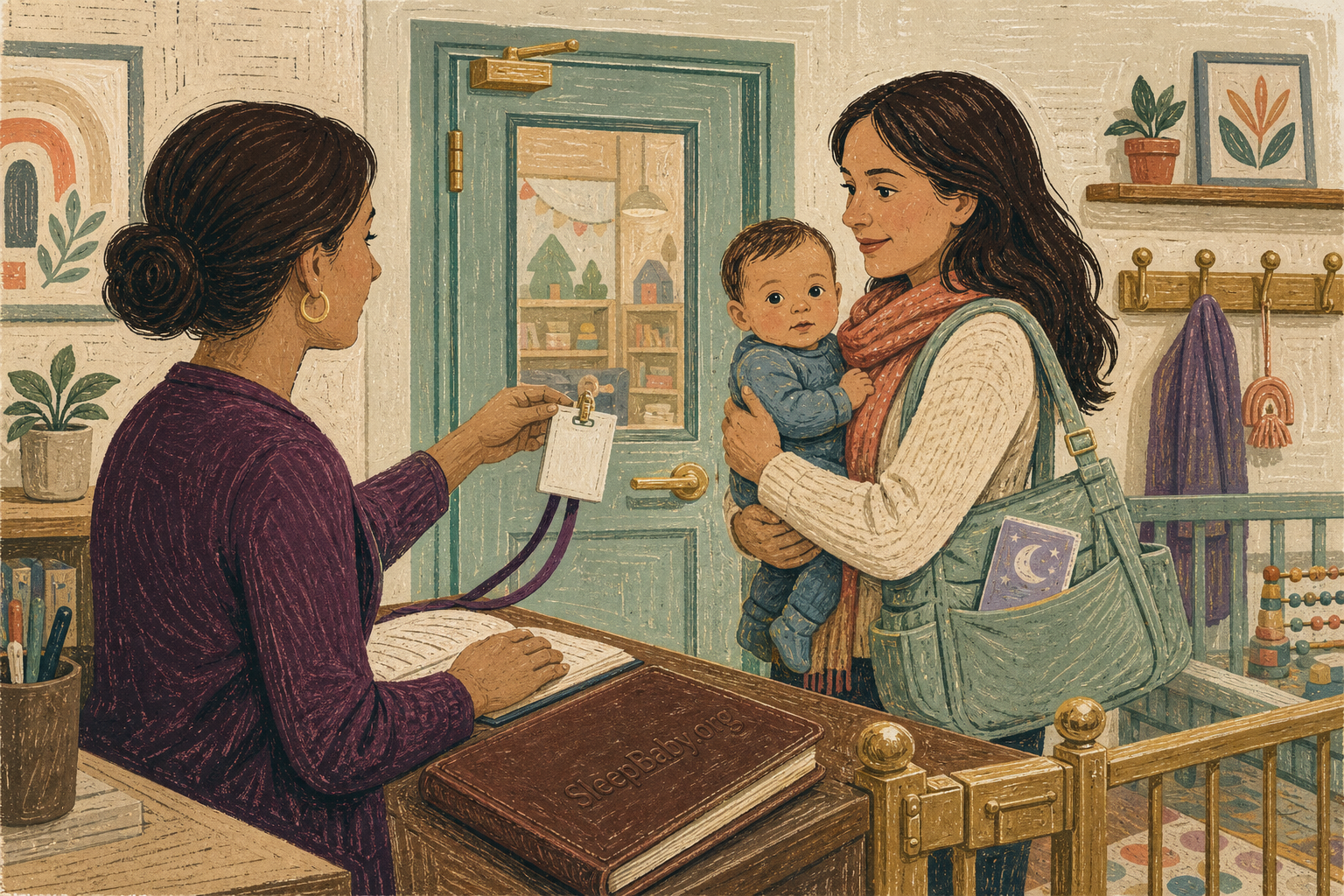 Editorial illustration shows a receptionist verifying a parent holding an awake baby inside a locked daycare vestibule with a self-closing inner door.