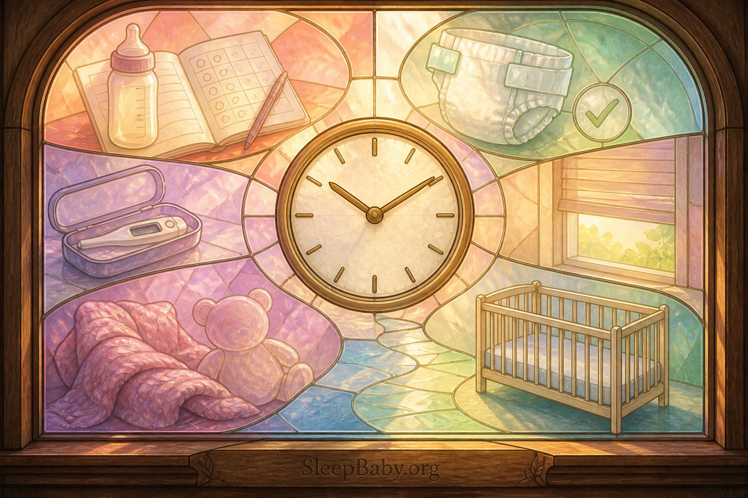 Pastel clock surrounded by observable feeding, diaper, temperature, light, comfort, and safe-crib clues.