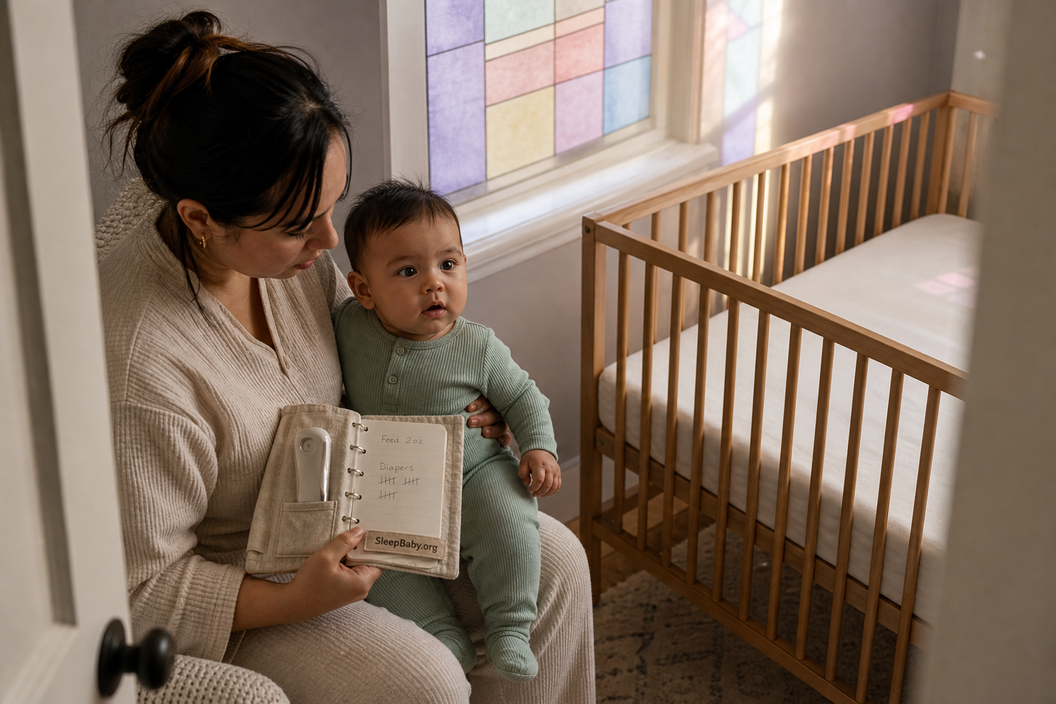 Caregiver reviews a daytime feed-and-diaper log while holding an alert baby beside an empty crib.